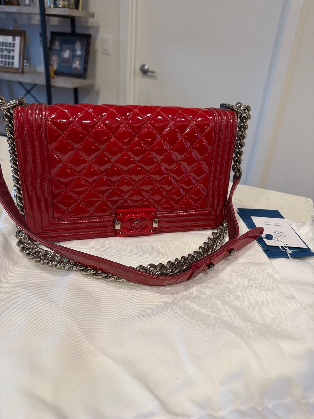 CHANEL Quilted Patent Leather Boy Flap Shoulder Bag in Deep Red - Picture 4 of 17